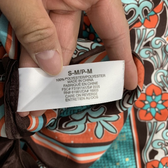 **SOLD** Blue Brown Satin Scarf Dress S M - Picture 7 of 8